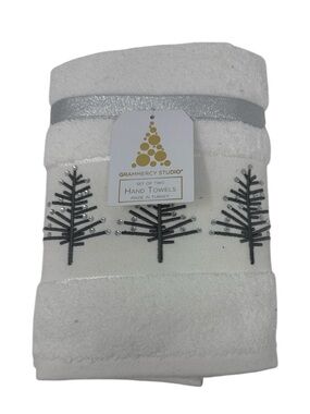 Set of 2 Festive White and Silver Jeweled Holiday Hand Towels